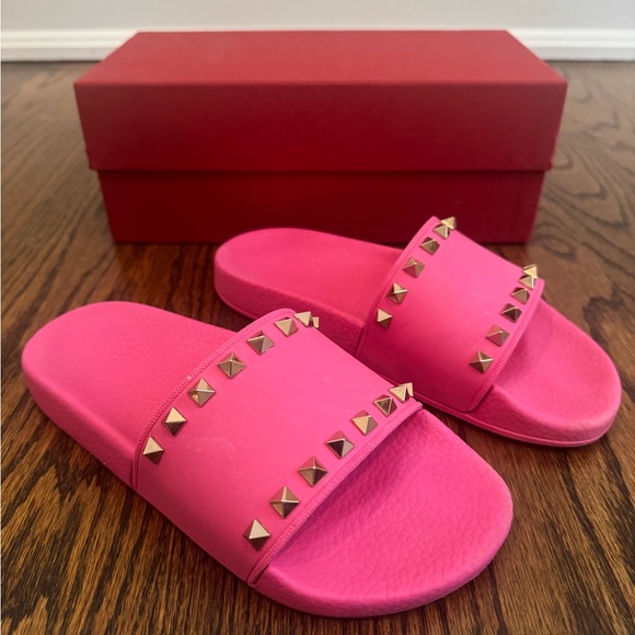 Valentino Pink Rockstud Pool Slide Sandals 37 - Picture 3 of 5